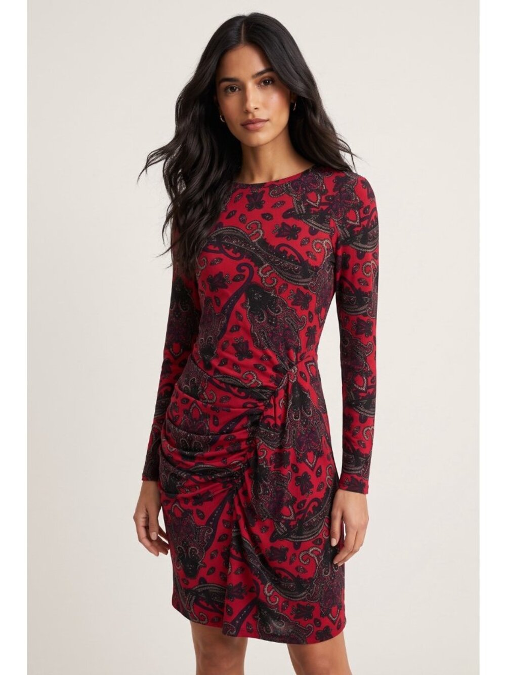 Lauren Ralph Lauren Paisley Cocktail Dress Size 0 Red Ruched Turtleneck Preppy